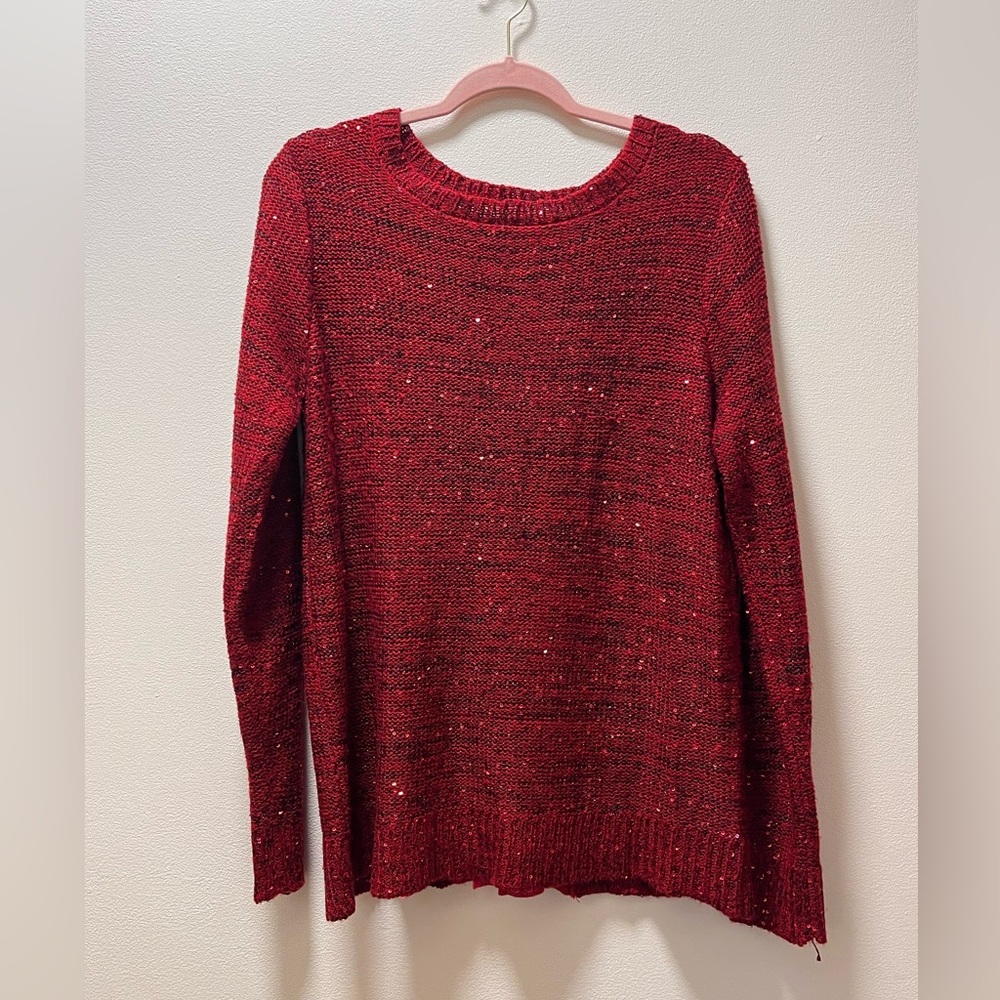 Time & Tru Romantic-vibe Sequined Crew Neck Boutique Sweater, Sz L, Vibrant Red